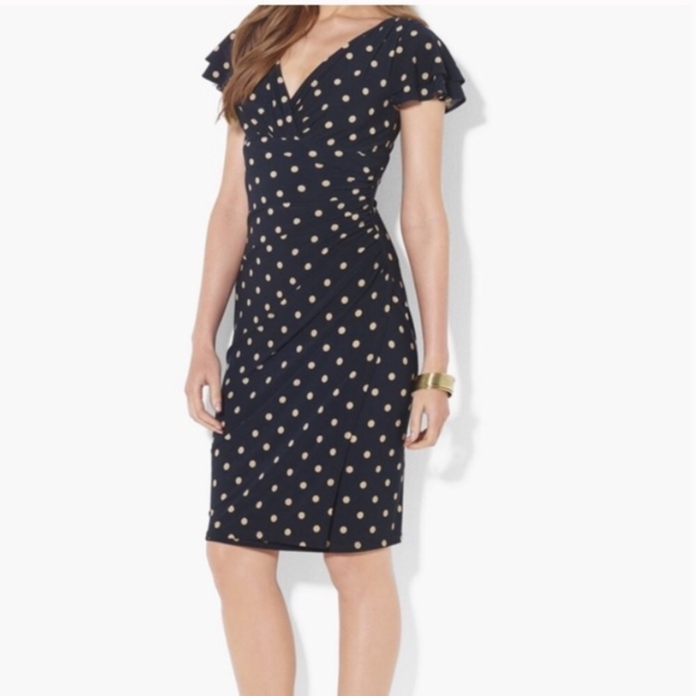 RALPH LAUREN | Navy/Beige Polka Dot Dress - EUC | Size 16